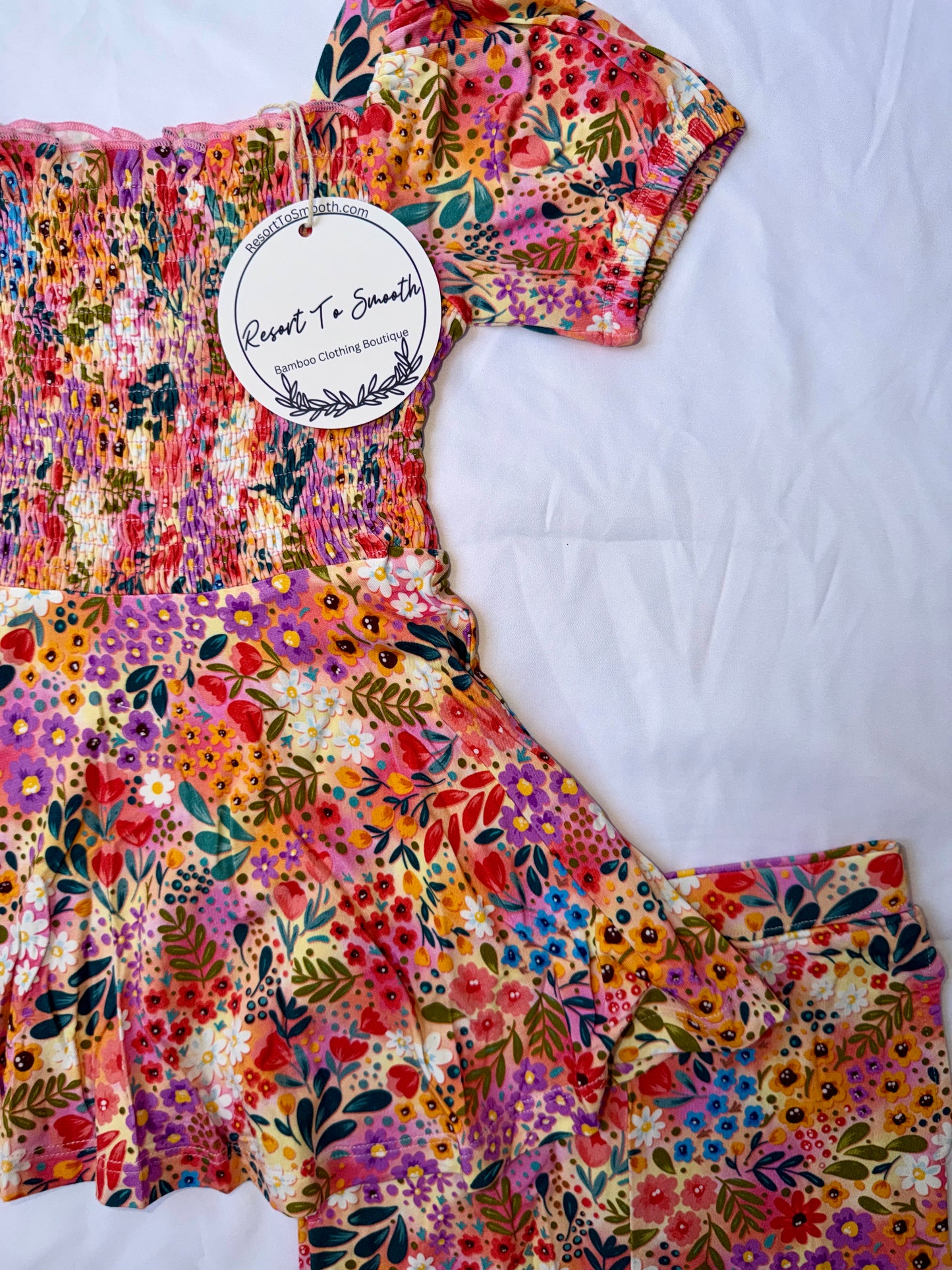Autumn Floral Short Sleeve Smocked Bamboo Twirl Dress With Daywear Shorts *NO CODES *