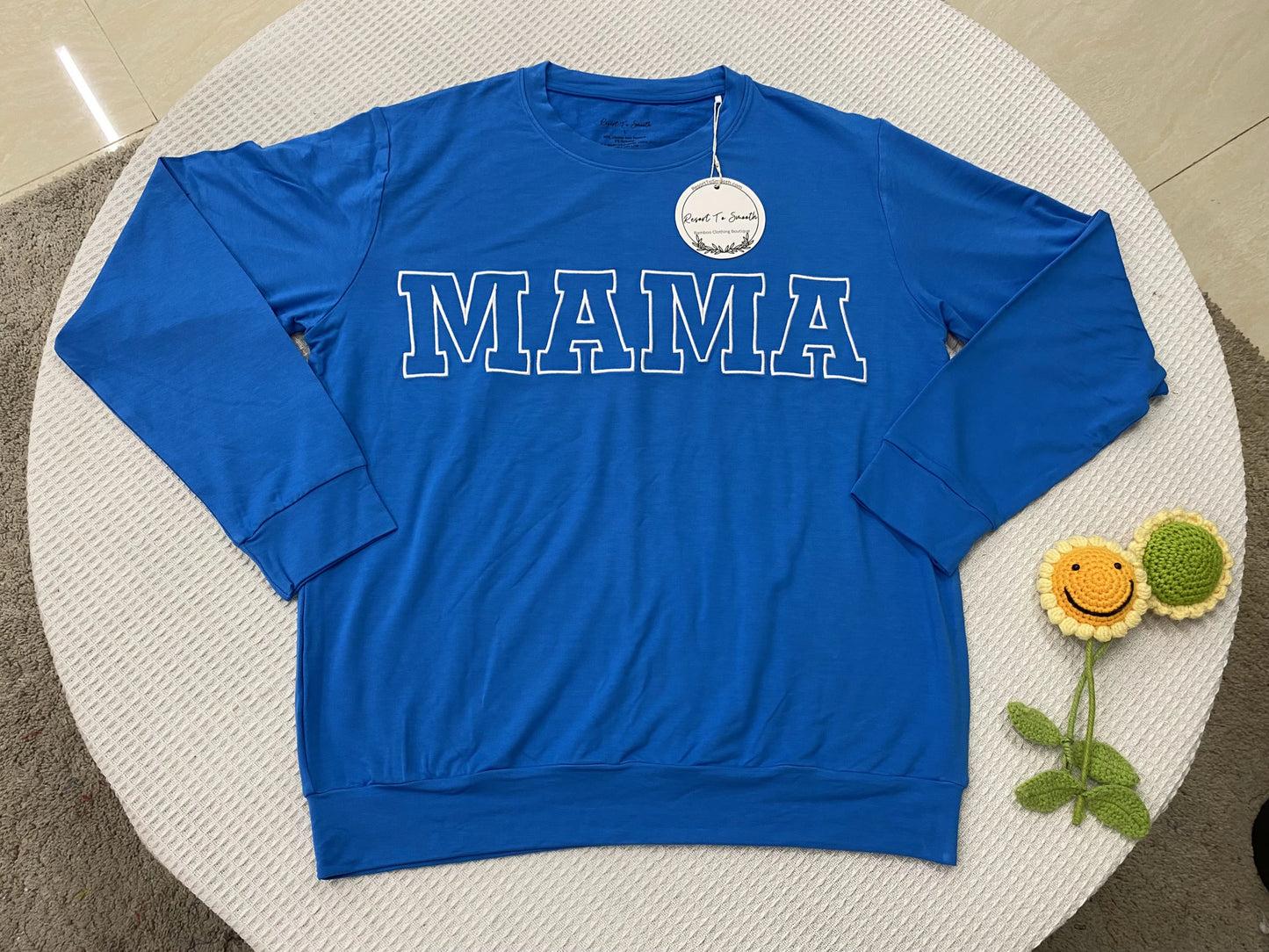 BLUE “MAMA” Embroidered Terry Bamboo Crewneck Shirt