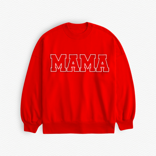 RED “MAMA” Embroidered Terry Bamboo Crewneck Shirt