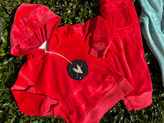 BRIGHT RED BAMBOO VELOUR HOODED JOGGER SET