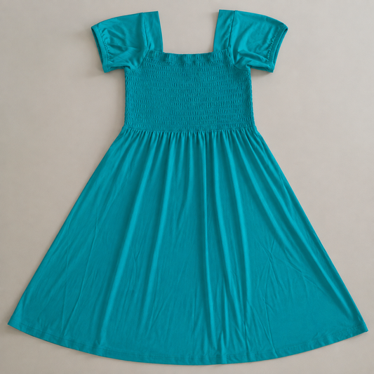 Smocked Turquoise Girls Bamboo Twirl Dress