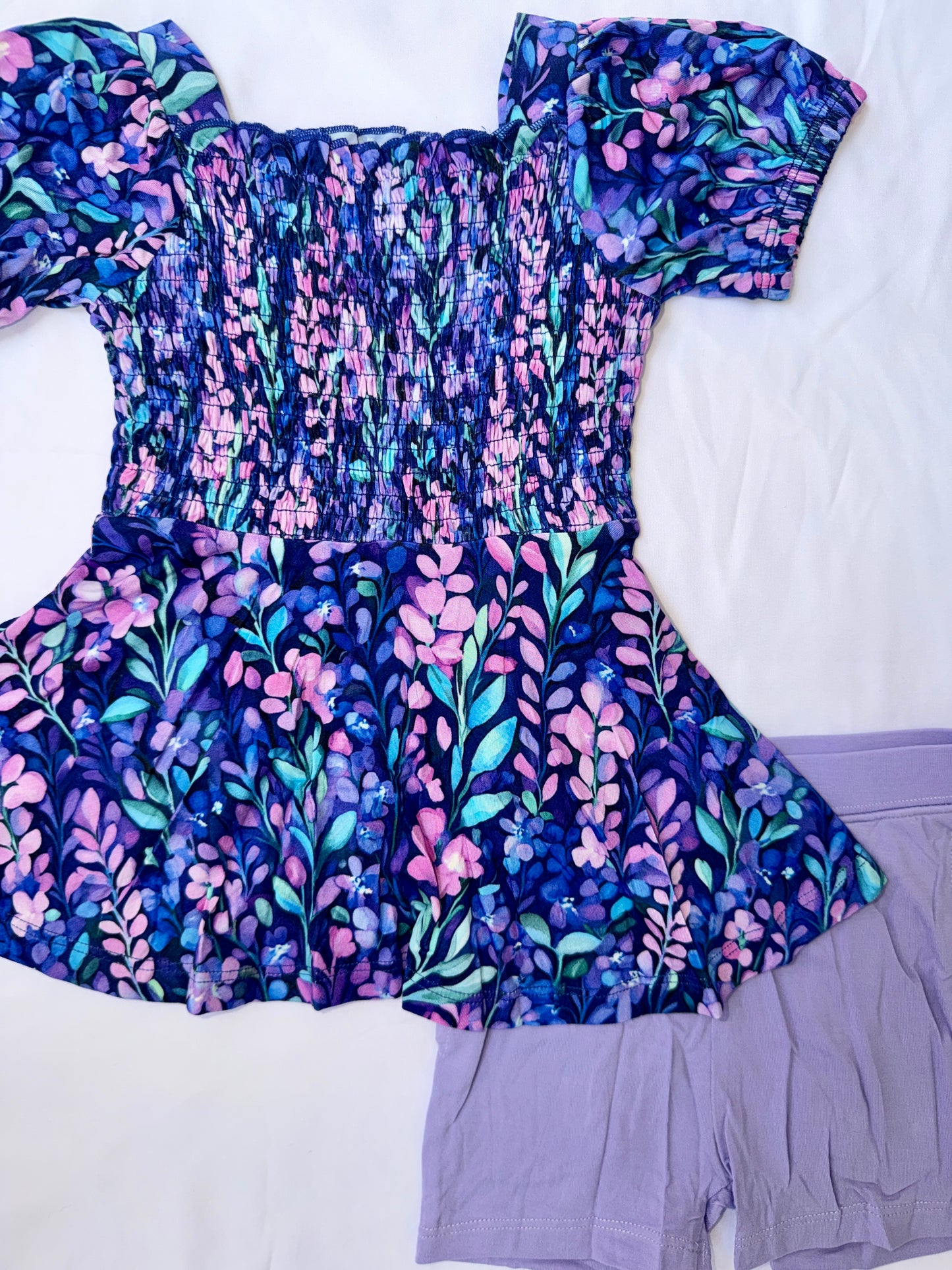 Lavender Field Short Sleeve Smocked Bamboo Twirl Dress With Shorts *NO CODES *