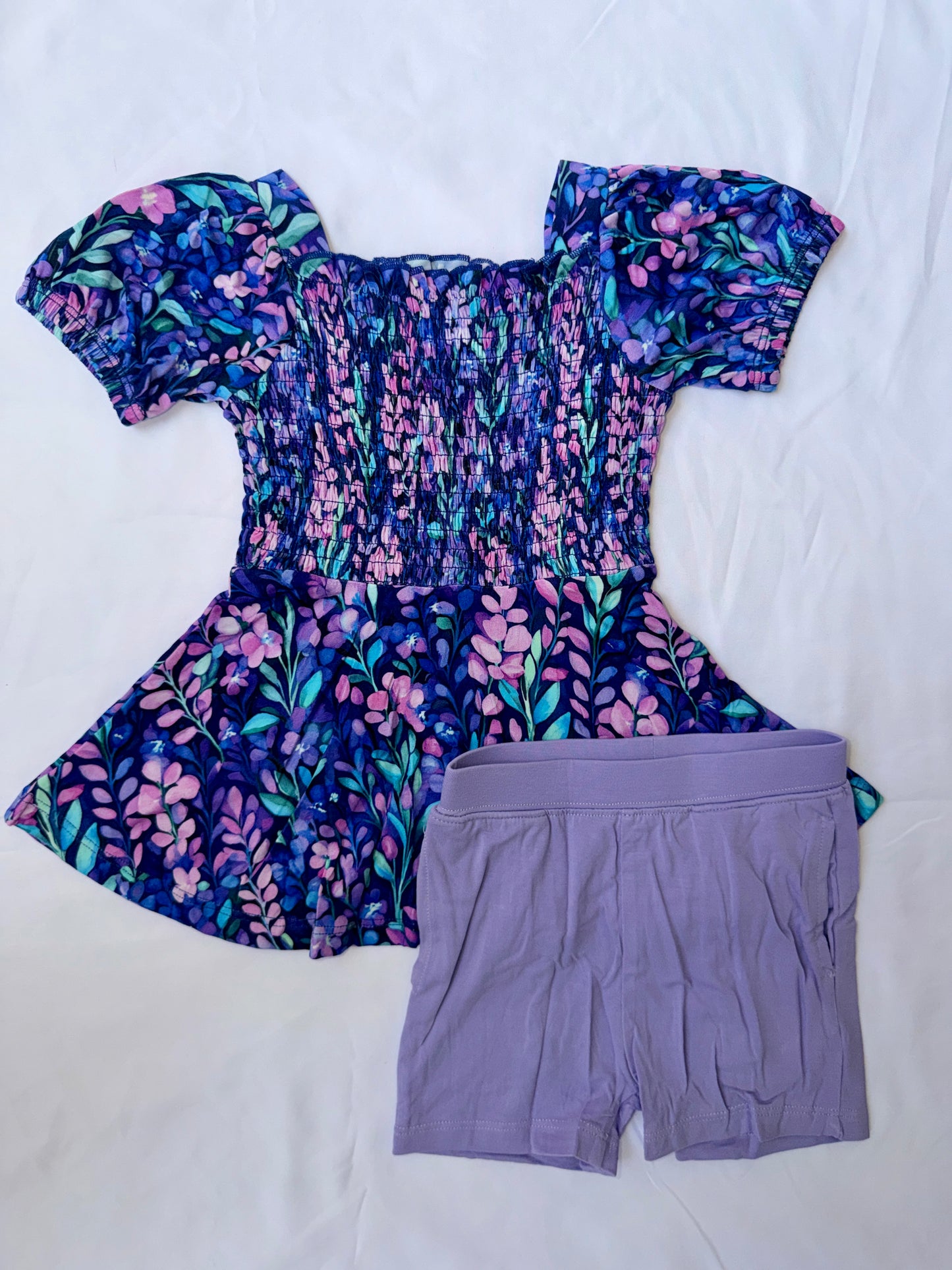 Lavender Field Short Sleeve Smocked Bamboo Twirl Dress With Shorts *NO CODES *