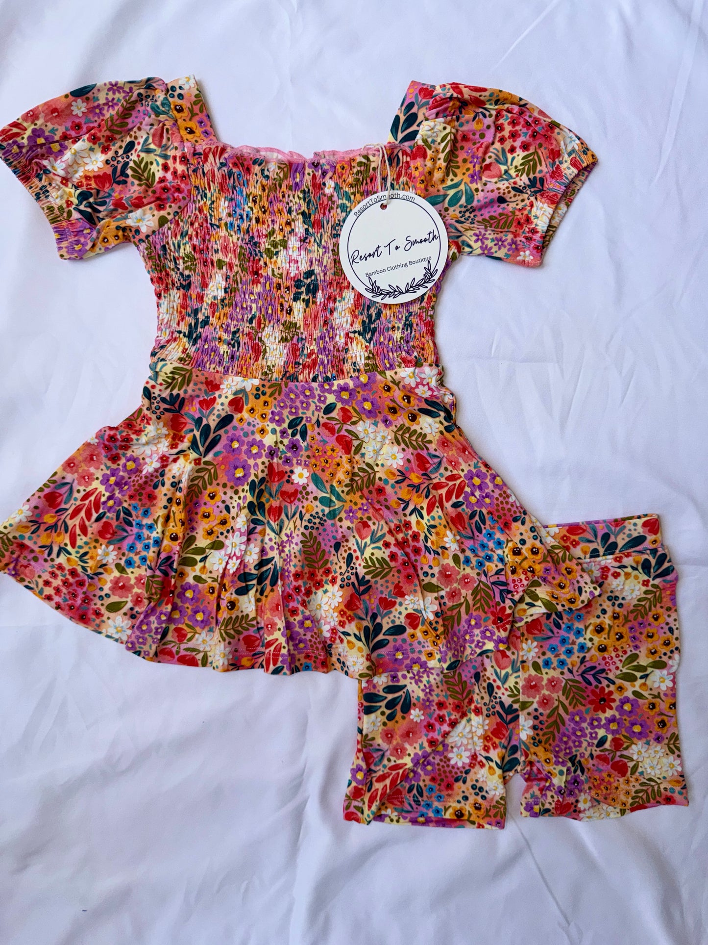 Autumn Floral Short Sleeve Smocked Bamboo Twirl Dress With Daywear Shorts *NO CODES *