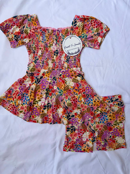Autumn Floral Short Sleeve Smocked Bamboo Twirl Dress With Daywear Shorts *NO CODES *