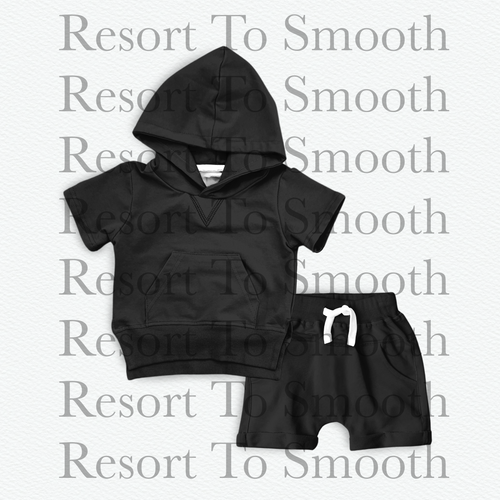 Black French Terry Bamboo Hooded Short Sleeve Jogger Set