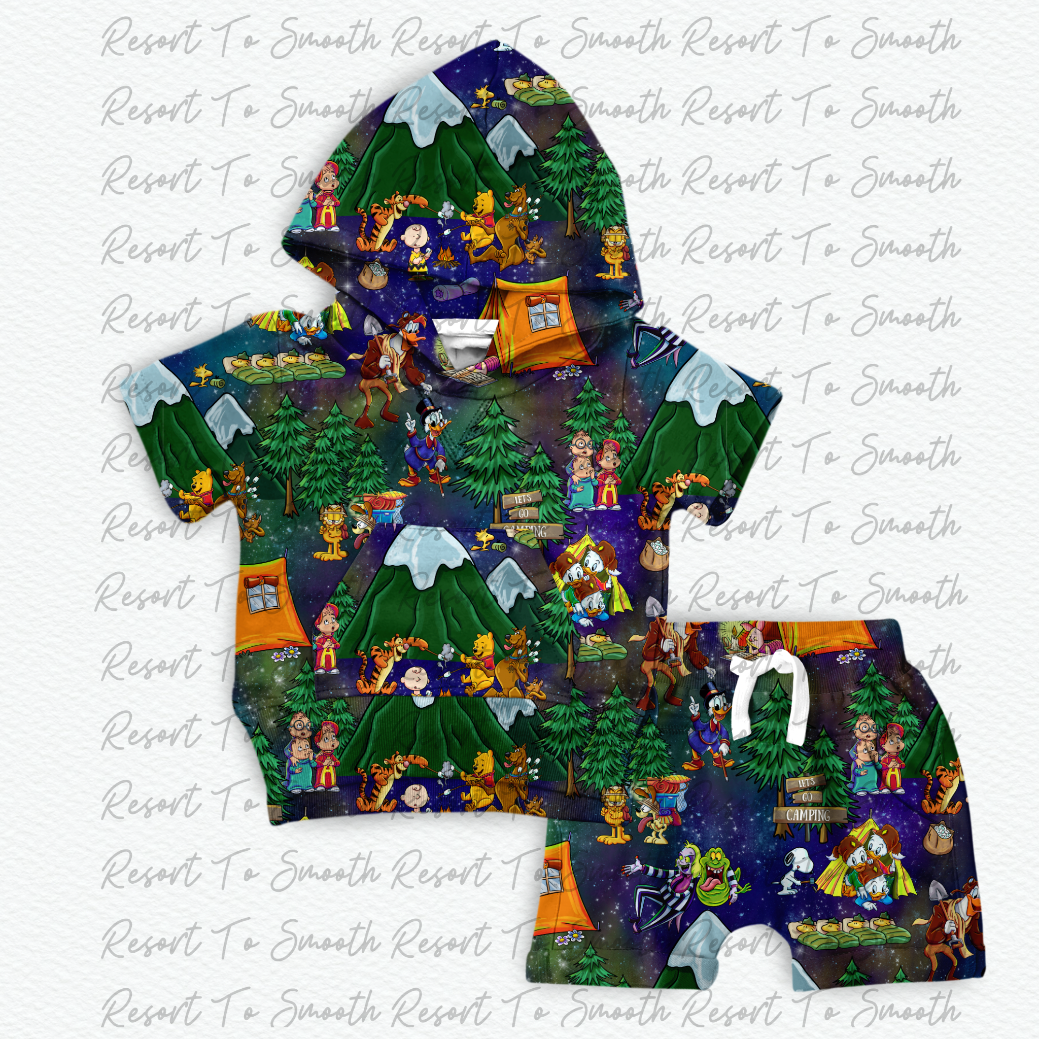 Gone Camping French Terry Bamboo Hooded Short Sleeve Jogger Set (Spooky)