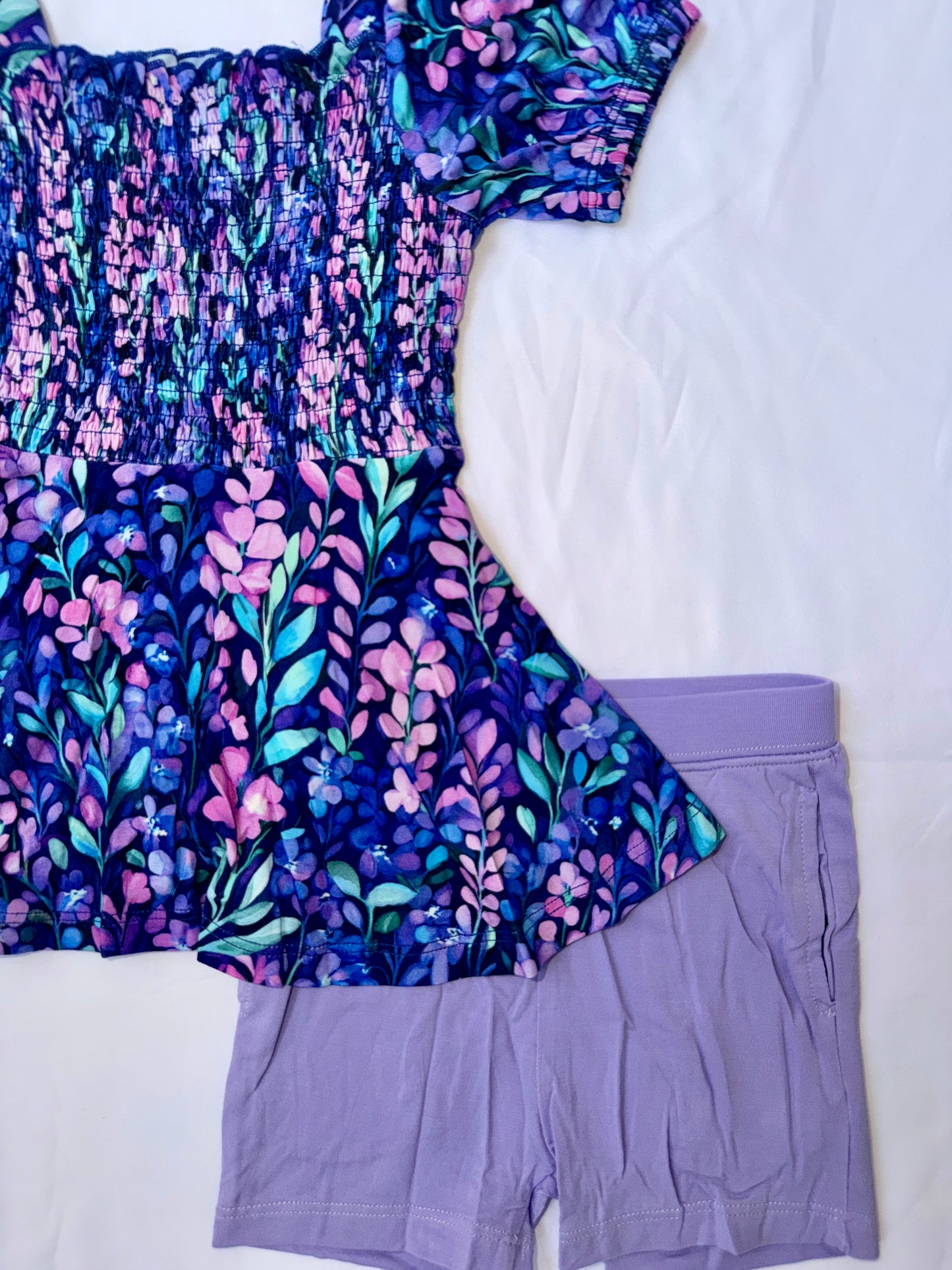 Lavender Field Short Sleeve Smocked Bamboo Twirl Dress With Shorts *NO CODES *
