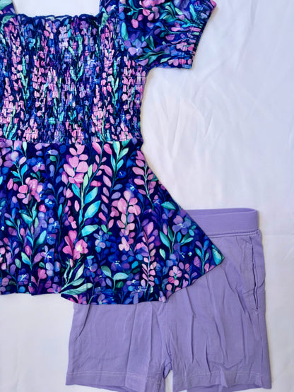 Lavender Field Short Sleeve Smocked Bamboo Twirl Dress With Shorts *NO CODES *
