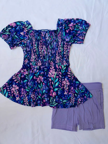 Lavender Field Short Sleeve Smocked Bamboo Twirl Dress With Shorts *NO CODES *