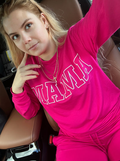 PINK “MAMA” Embroidered Terry Bamboo Crewneck Shirt