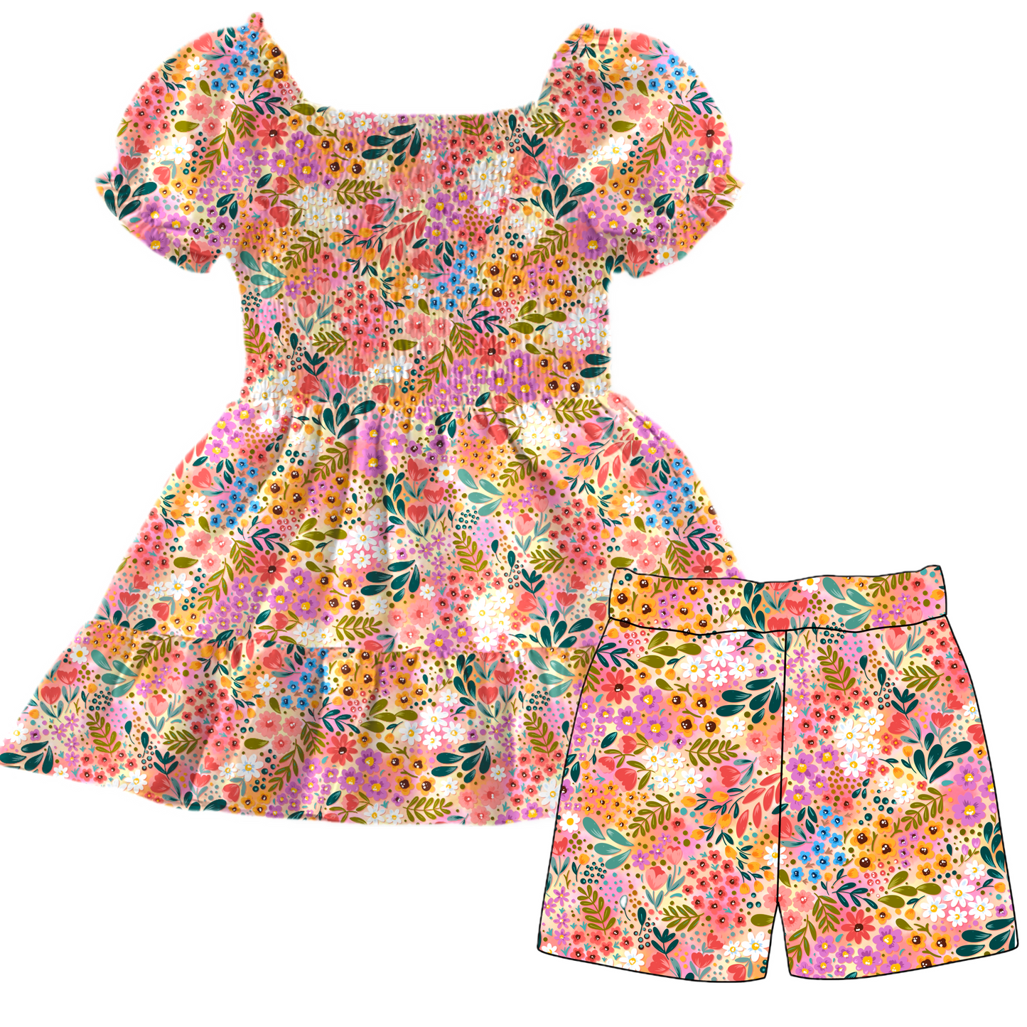 Autumn Floral Short Sleeve Smocked Bamboo Twirl Dress With Daywear Shorts *NO CODES *