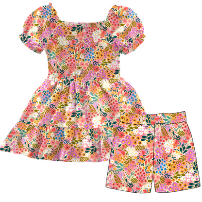 Autumn Floral Short Sleeve Smocked Bamboo Twirl Dress With Daywear Shorts *NO CODES *